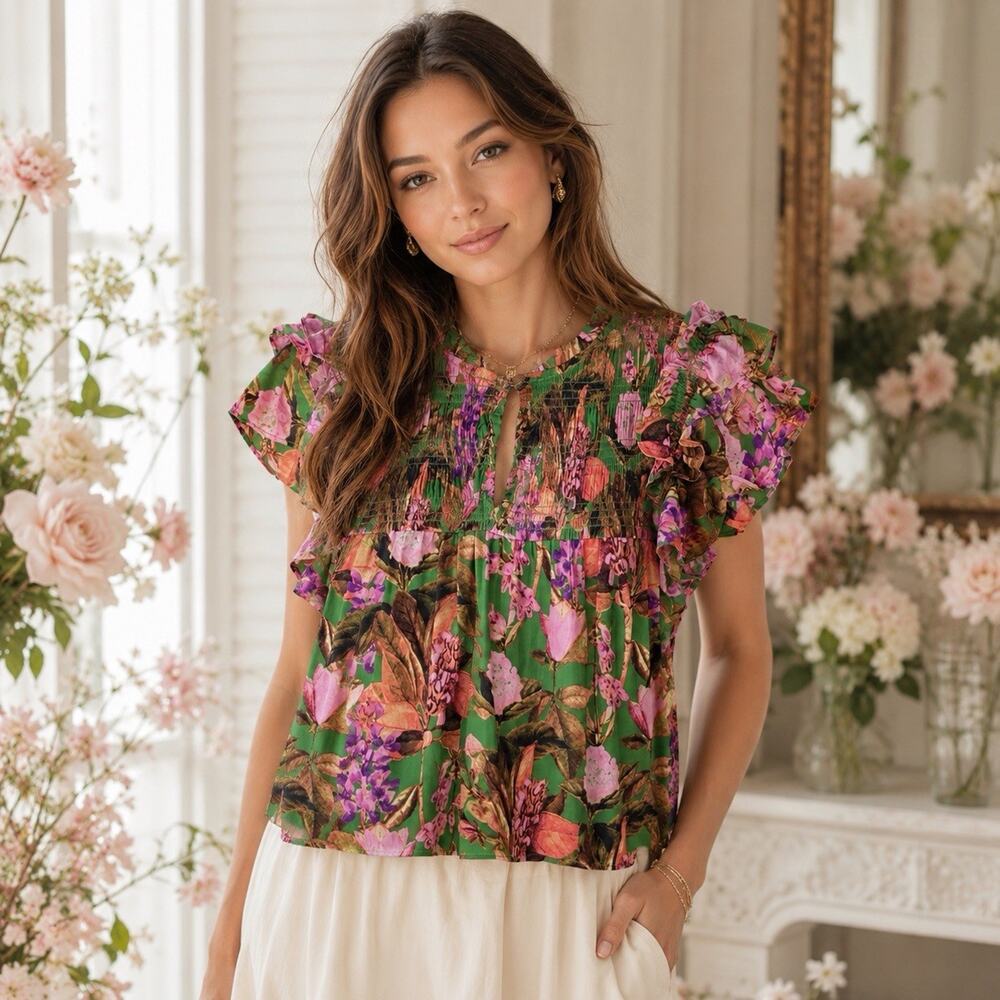 Rose + Olive Womens XS Green Pink Floral Smocked Ruffle Sleeve Blouse Romantic